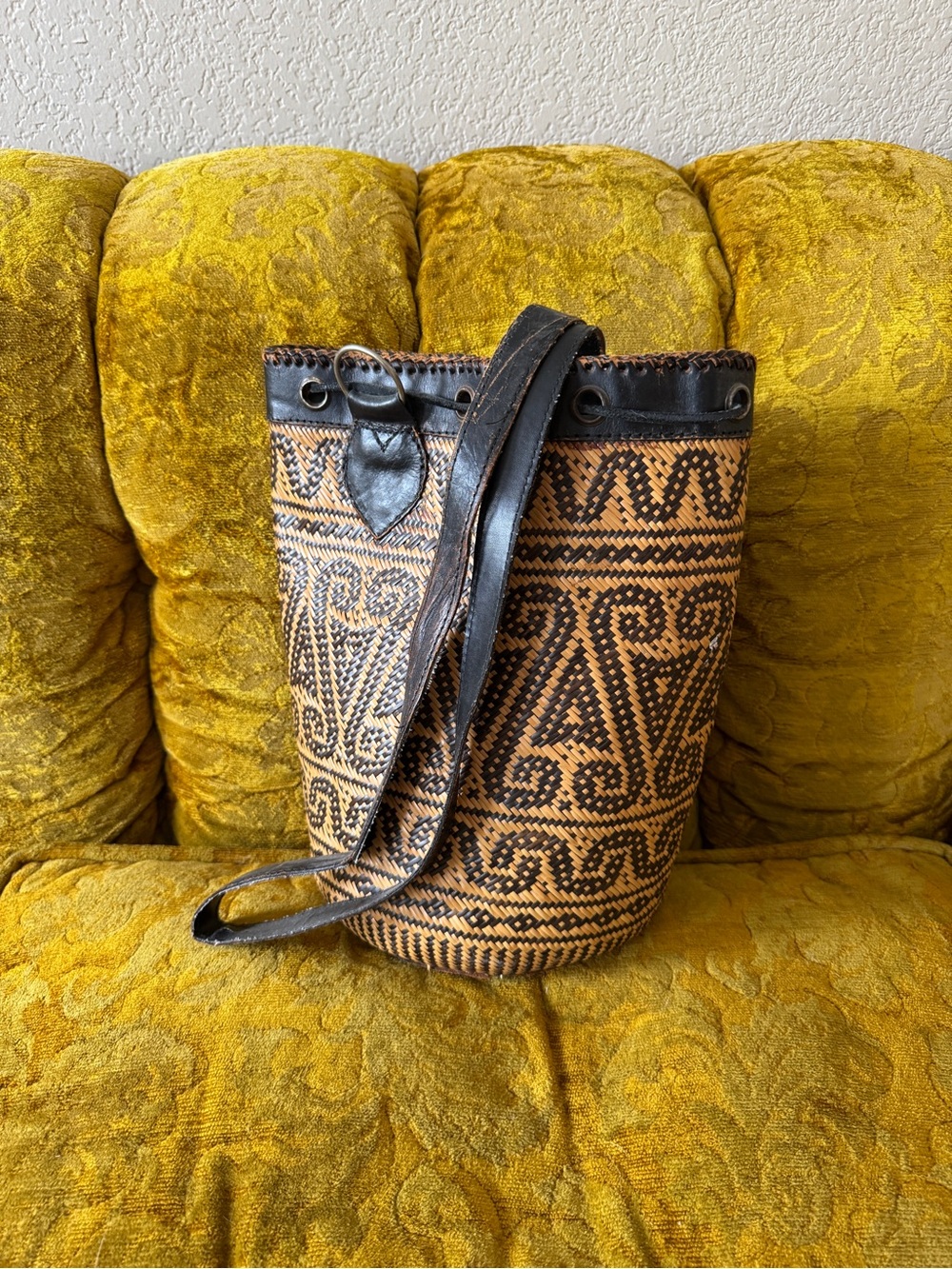 Vintage Rattan & Leather Bucket Bag